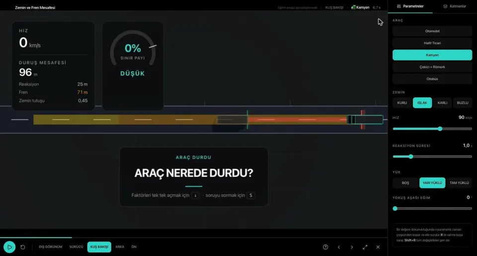 Dinamik simülasyon: durma mesafesi